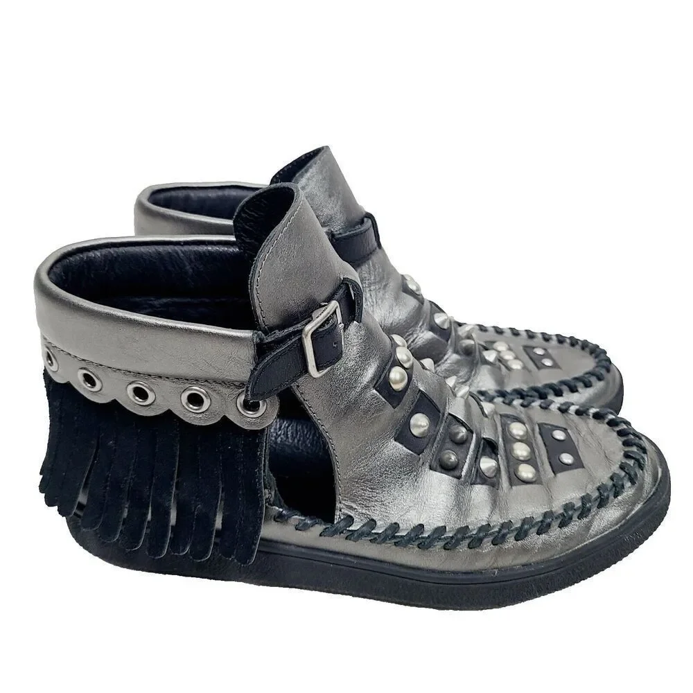 Coach Roccasin Cut Out Sneakers 5 Black Metallic Silver Studded‎ Fringe Booties